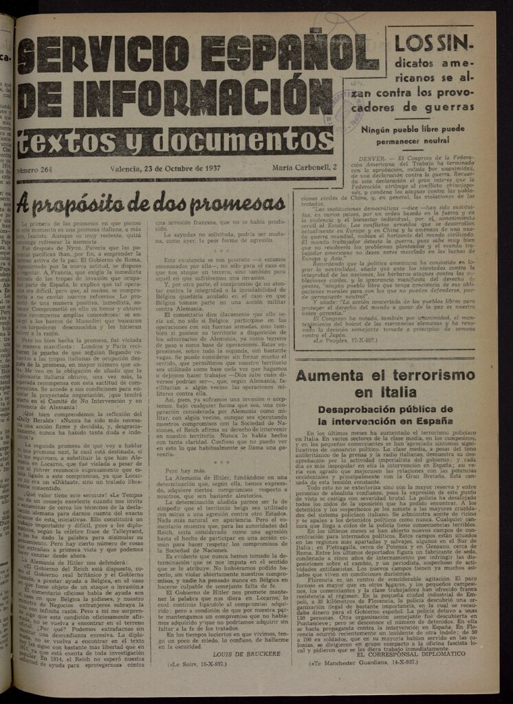 Miniatura de Servicio Español de Información : textos y documentos del 23 de octubre de 1937, nº 264