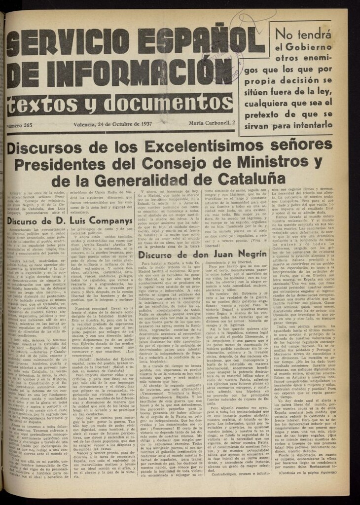 Miniatura de Servicio Español de Información : textos y documentos del 24 de octubre de 1937, nº 265