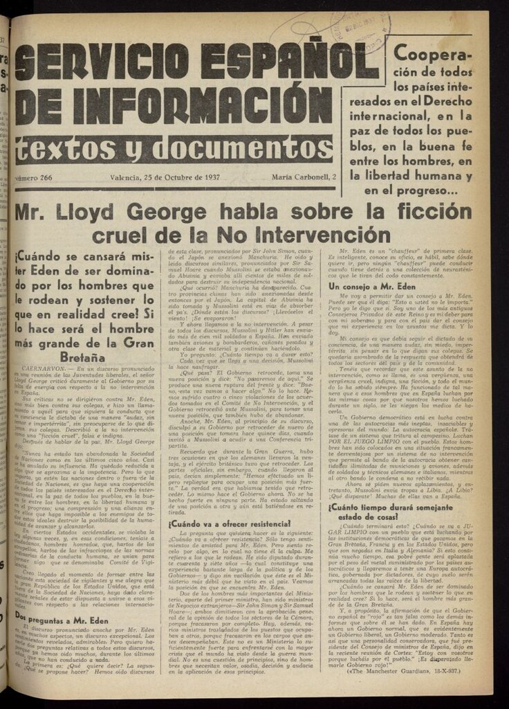 Miniatura de Servicio Español de Información : textos y documentos del 25 de octubre de 1937, nº 266