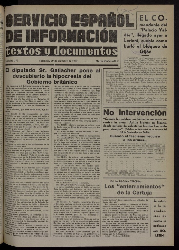 Miniatura de Servicio Español de Información : textos y documentos del 29 de octubre de 1937, nº 270