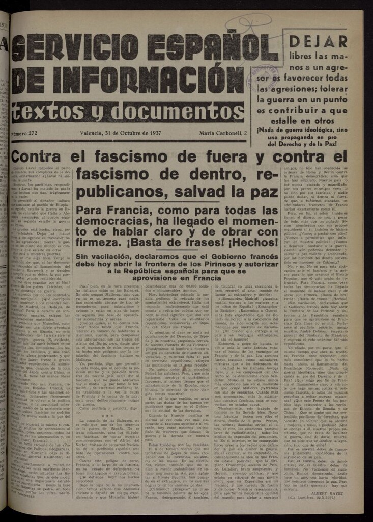 Miniatura de Servicio Español de Información : textos y documentos del 31 de octubre de 1937, nº 272