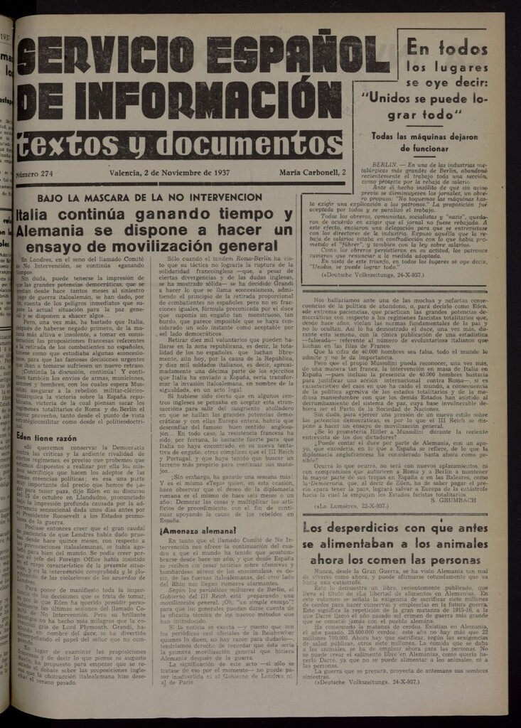 Miniatura de Servicio Español de Información : textos y documentos del 2 de noviembre de 1937, nº 274
