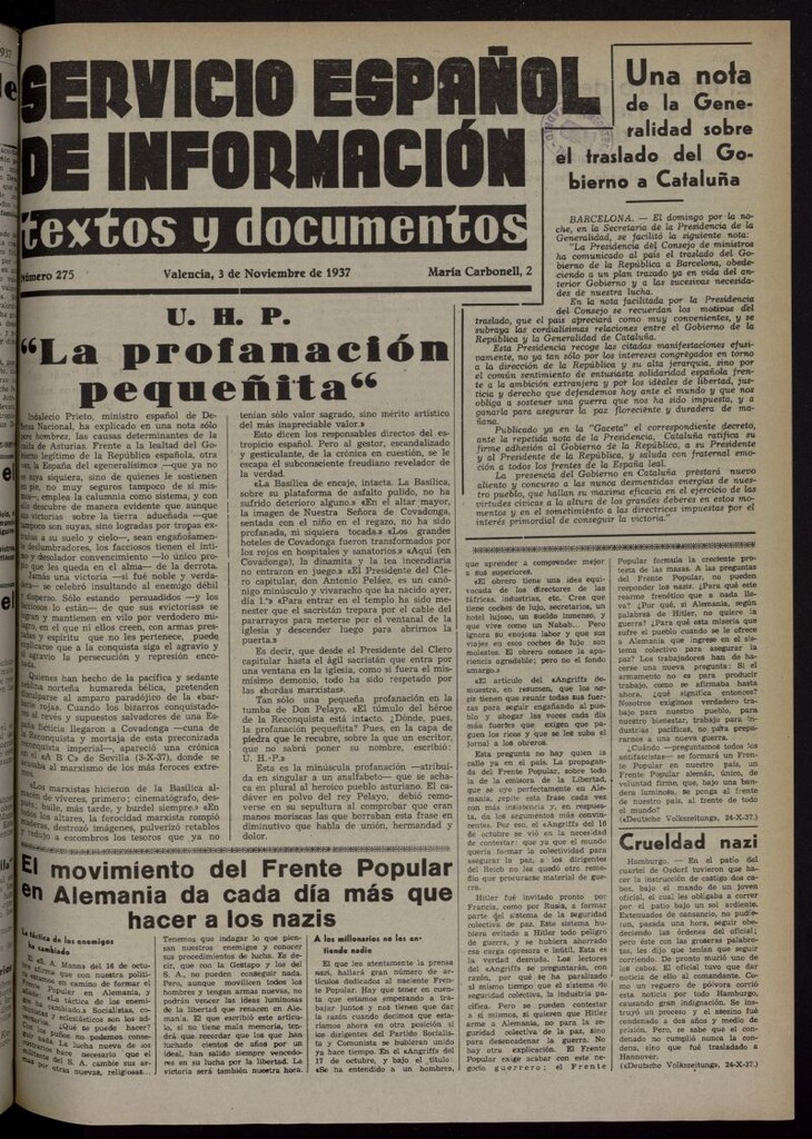 Miniatura de Servicio Español de Información : textos y documentos del 3 de noviembre de 1937, nº 275