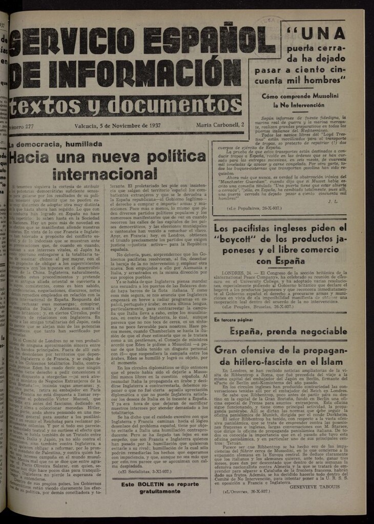 Miniatura de Servicio Español de Información : textos y documentos del 5 de noviembre de 1937, nº 277