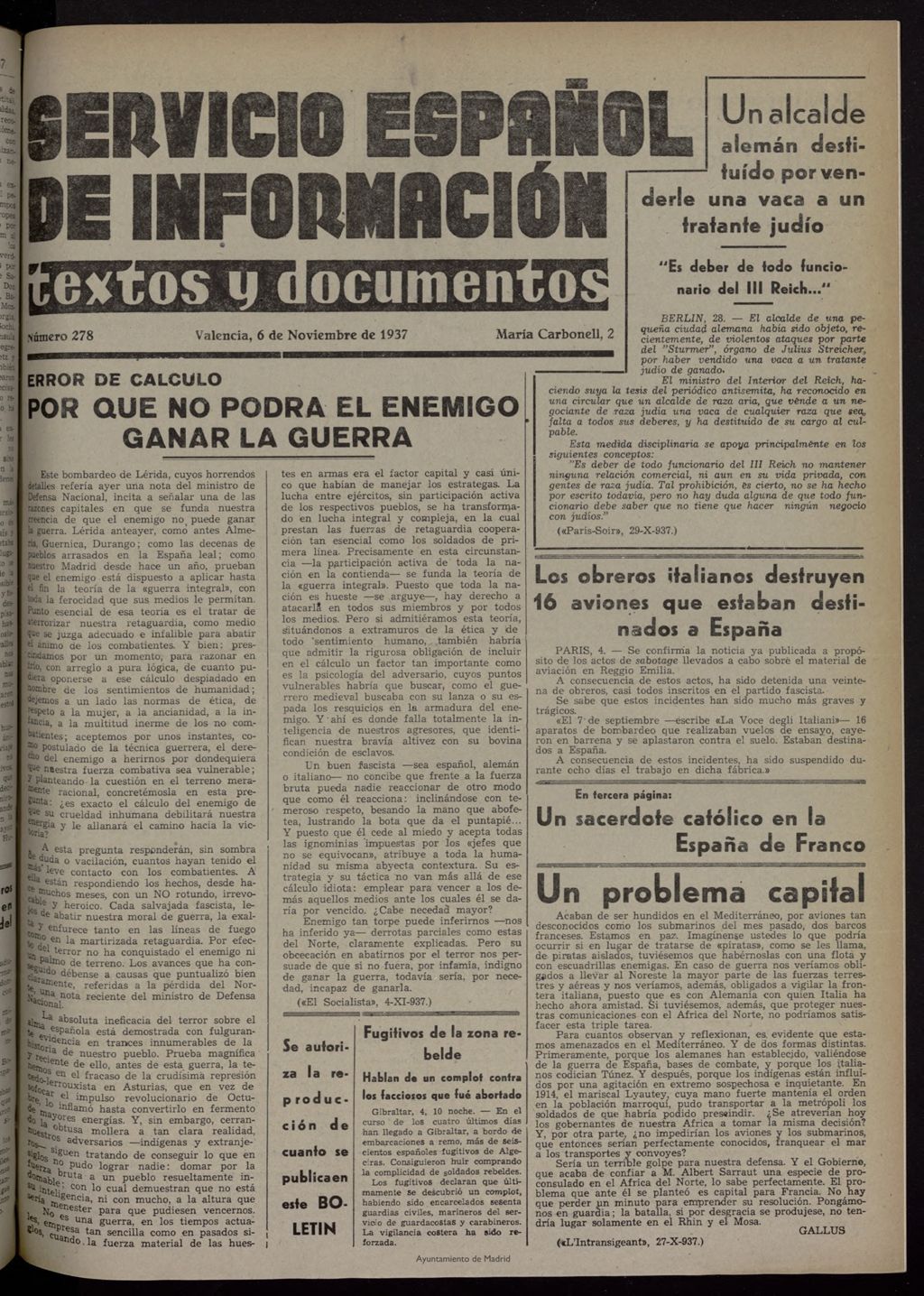 Miniatura de Servicio Español de Información : textos y documentos del 6 de noviembre de 1937, nº 278