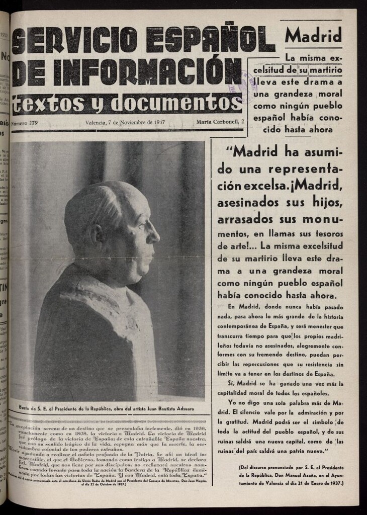 Miniatura de Servicio Español de Información : textos y documentos del 7 de noviembre de 1937, nº 279