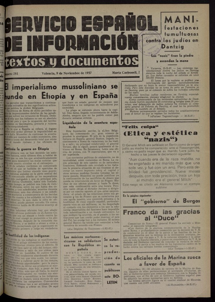 Miniatura de Servicio Español de Información : textos y documentos del 9 de noviembre de 1937, nº 281