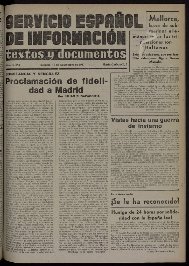 Miniatura de Servicio Español de Información : textos y documentos del 10 de noviembre de 1937, nº 282