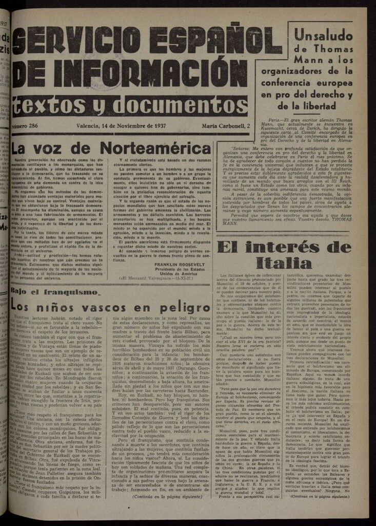 Miniatura de Servicio Español de Información : textos y documentos del 14 de noviembre de 1937, nº 286
