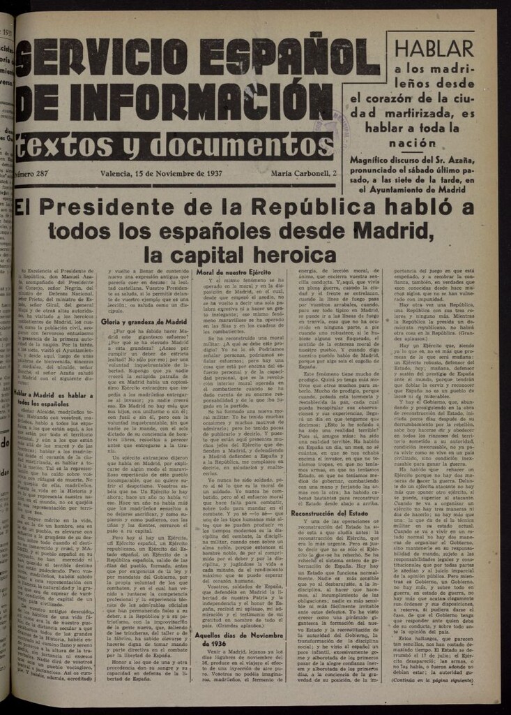 Miniatura de Servicio Español de Información : textos y documentos del 15 de noviembre de 1937, nº 287