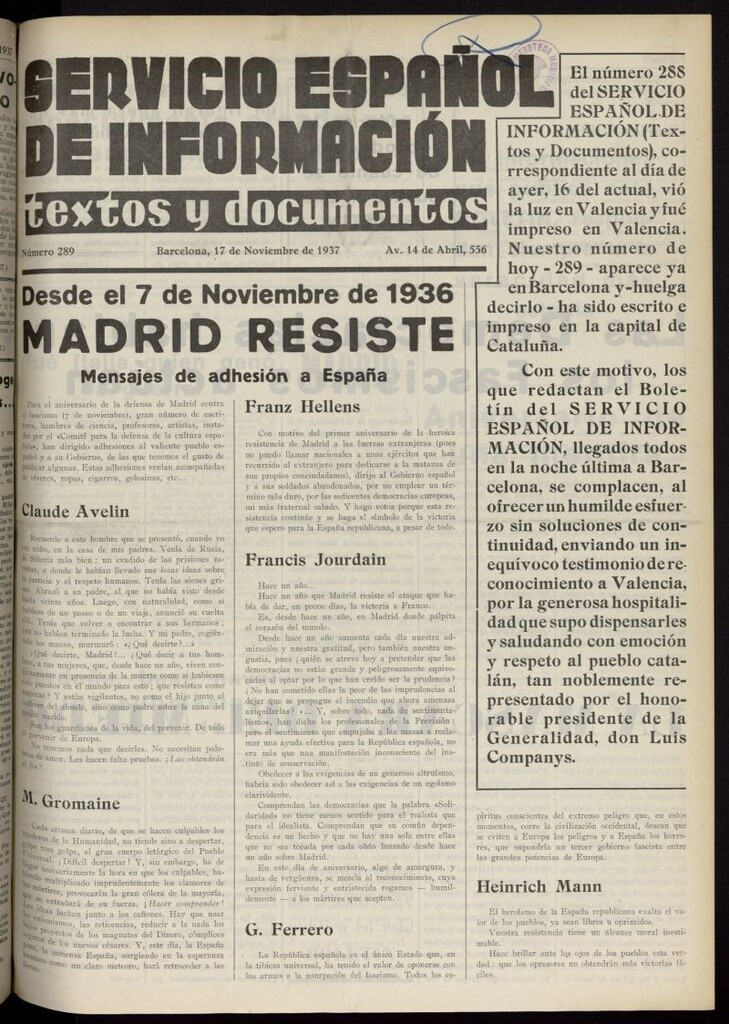 Miniatura de Servicio Español de Información : textos y documentos del 17 de noviembre de 1937, nº 289