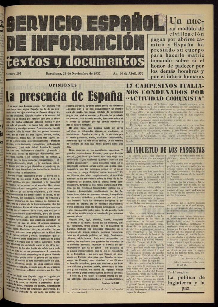 Miniatura de Servicio Español de Información : textos y documentos del 21 de noviembre de 1937, nº 293