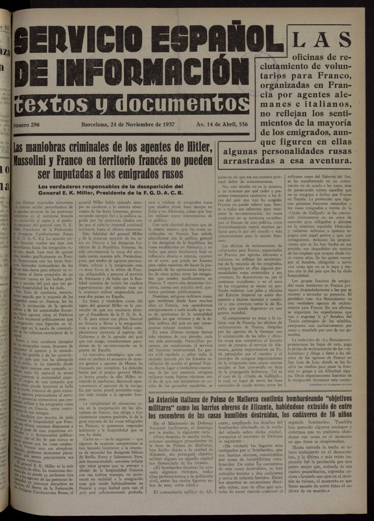 Miniatura de Servicio Español de Información : textos y documentos del 24 de noviembre de 1937, nº 296