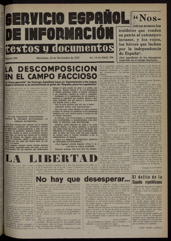 Miniatura de Servicio Español de Información : textos y documentos del 26 de noviembre de 1937, nº 298