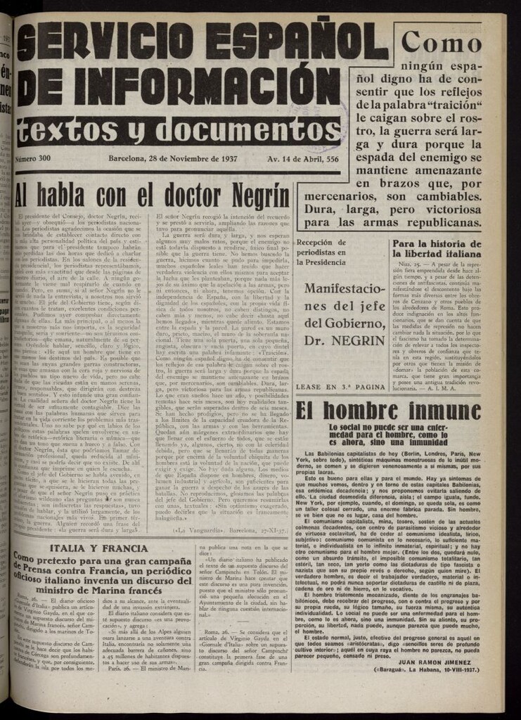 Miniatura de Servicio Español de Información : textos y documentos del 28 de noviembre de 1937, nº 300