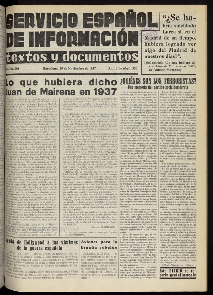 Miniatura de Servicio Español de Información : textos y documentos del 29 de noviembre de 1937, nº 301