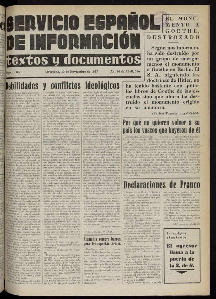 Miniatura de Servicio Español de Información : textos y documentos del 30 de noviembre de 1937, nº 302
