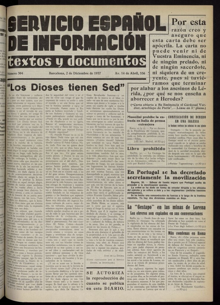 Miniatura de Servicio Español de Información : textos y documentos del 2 de diciembre de 1937, nº 304