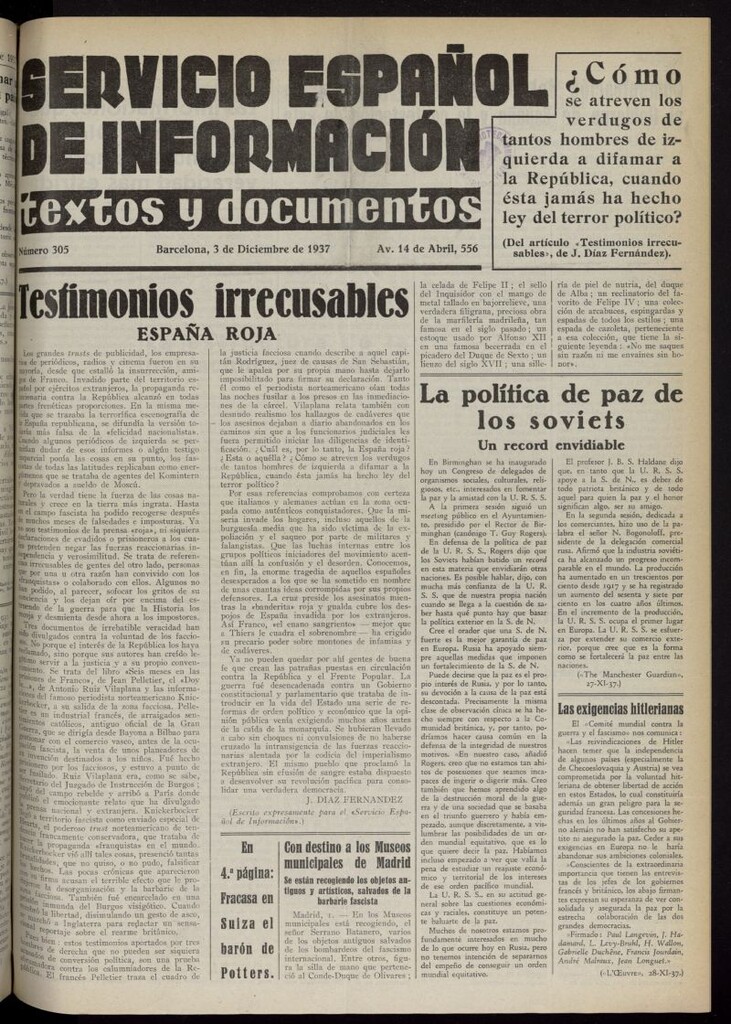 Miniatura de Servicio Español de Información : textos y documentos del 3 de diciembre de 1937, nº 305