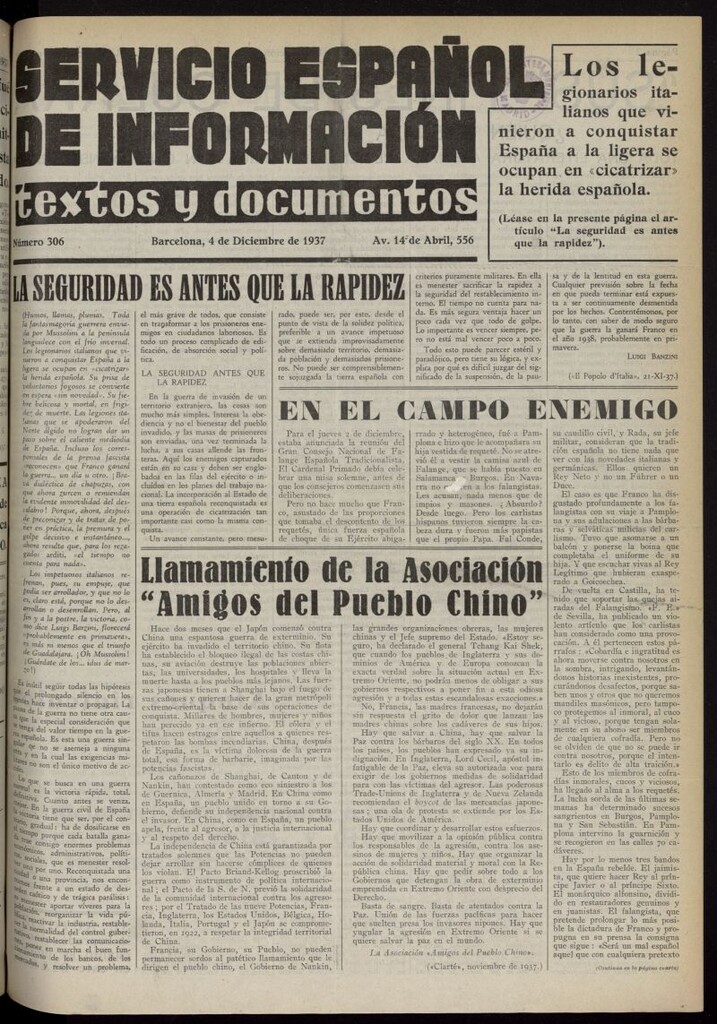 Miniatura de Servicio Español de Información : textos y documentos del 4 de diciembre de 1937, nº 306