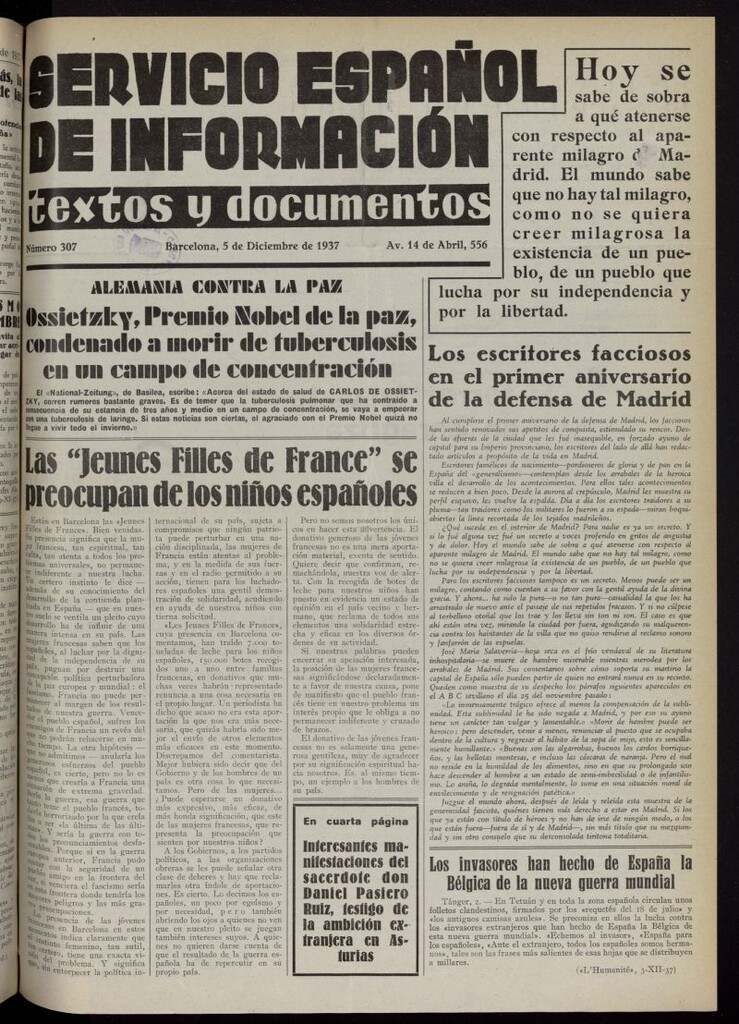 Miniatura de Servicio Español de Información : textos y documentos del 5 de diciembre de 1937, nº 307