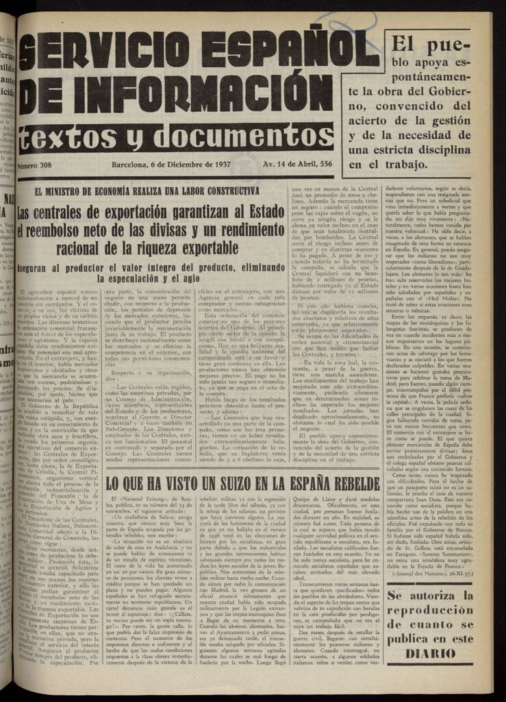 Miniatura de Servicio Español de Información : textos y documentos del 6 de diciembre de 1937, nº 308