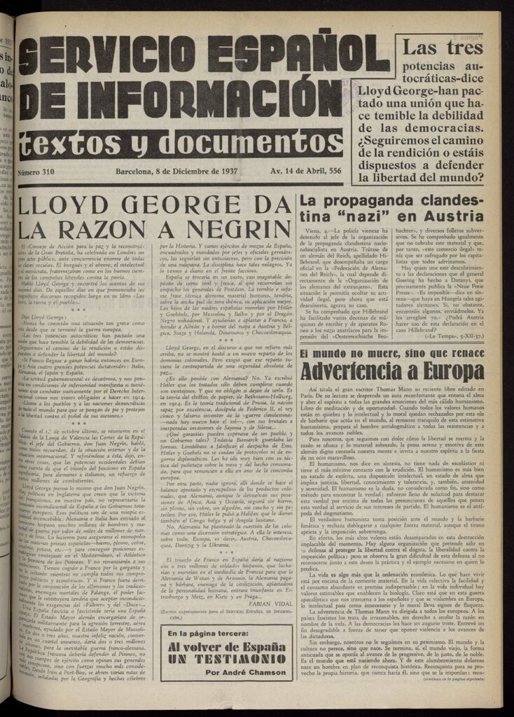 Miniatura de Servicio Español de Información : textos y documentos del 8 de diciembre de 1937, nº 310
