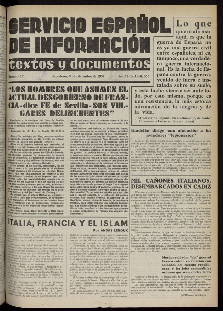 Miniatura de Servicio Español de Información : textos y documentos del 9 de diciembre de 1937, nº 311