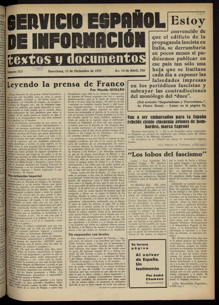 Miniatura de Servicio Español de Información : textos y documentos del 11 de diciembre de 1937, nº 313