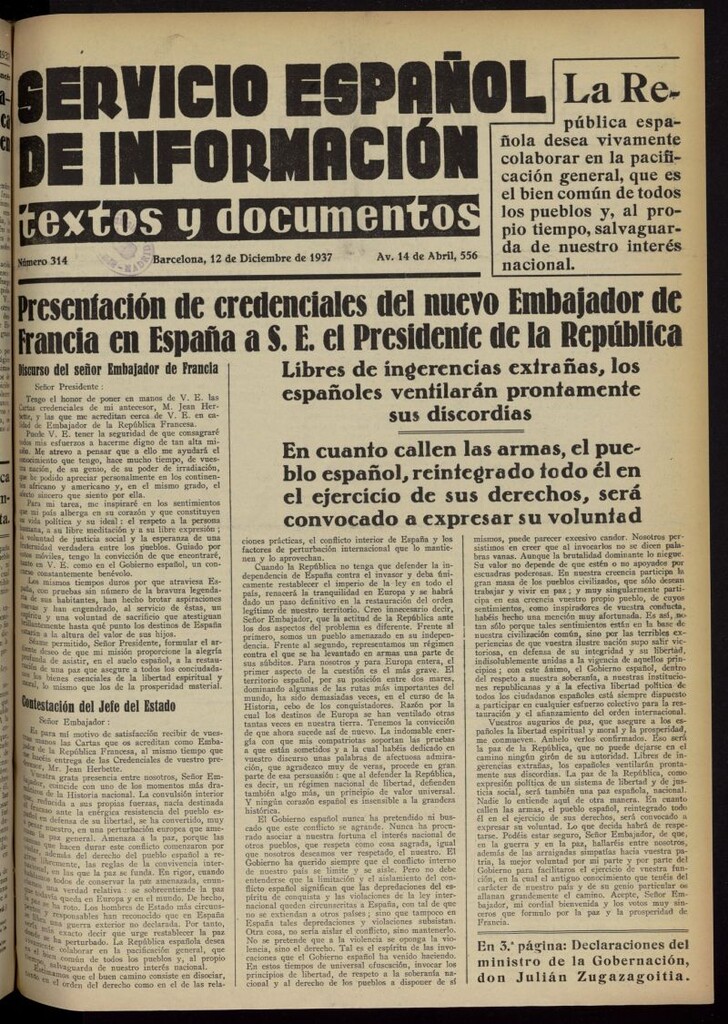 Miniatura de Servicio Español de Información : textos y documentos del 12 de diciembre de 1937, nº 314