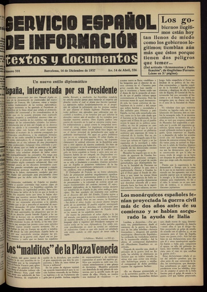 Miniatura de Servicio Español de Información : textos y documentos del 16 de diciembre de 1937, nº 318