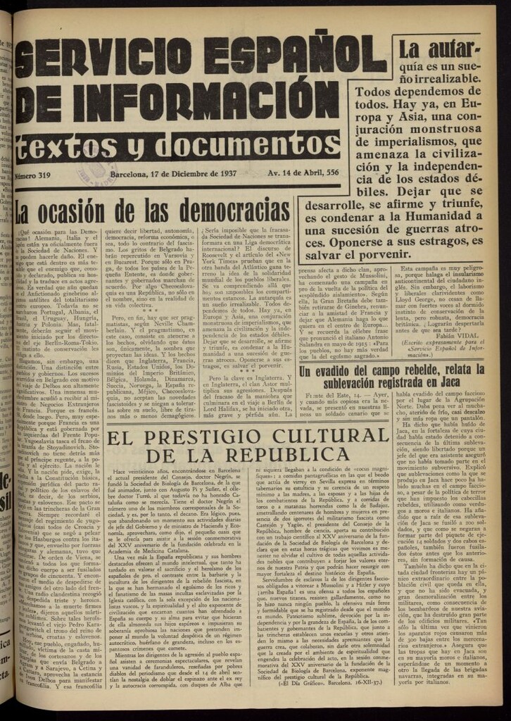Miniatura de Servicio Español de Información : textos y documentos del 17 de diciembre de 1937, nº 319