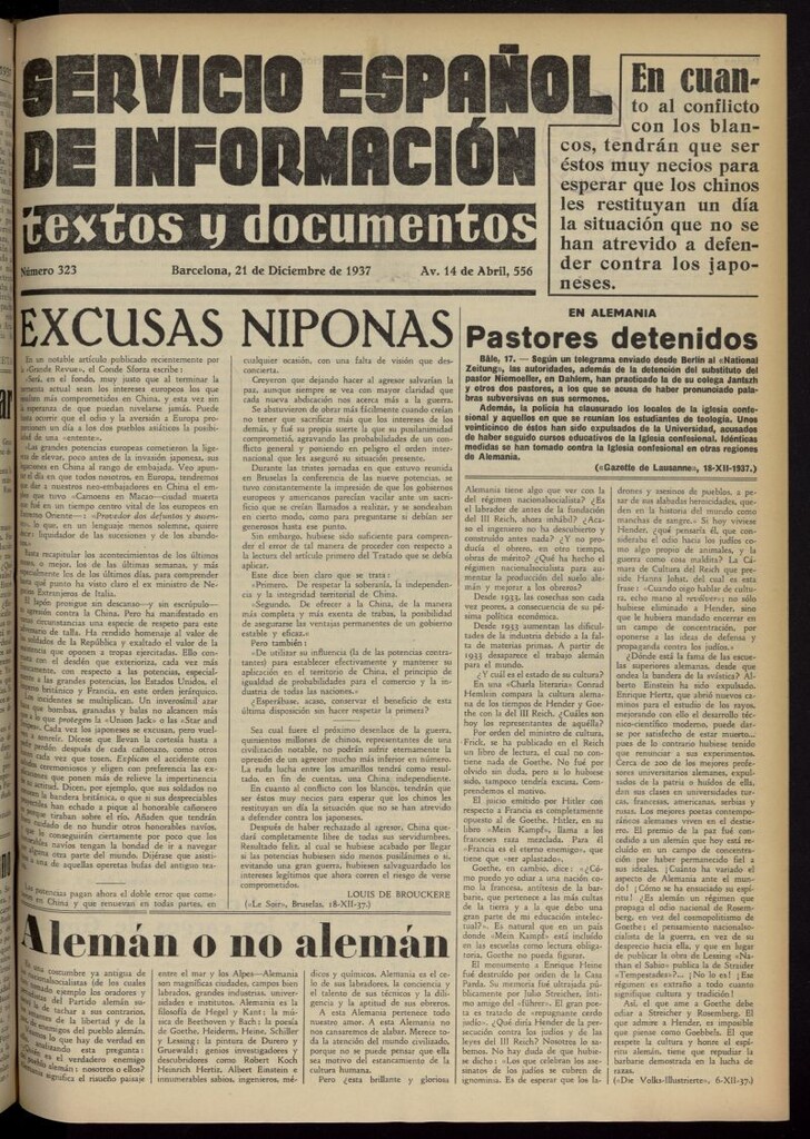 Miniatura de Servicio Español de Información : textos y documentos del 21 de diciembre de 1937, nº 323