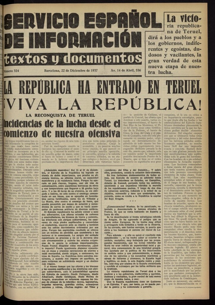 Miniatura de Servicio Español de Información : textos y documentos del 22 de diciembre de 1937, nº 324