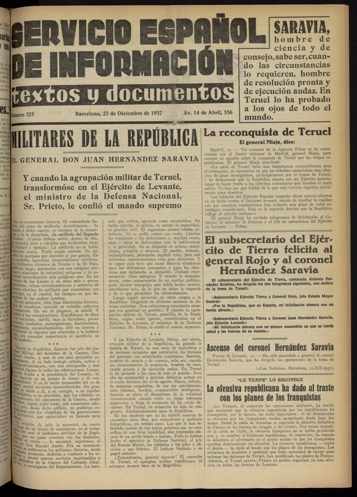Miniatura de Servicio Español de Información : textos y documentos del 23 de diciembre de 1937, nº 325