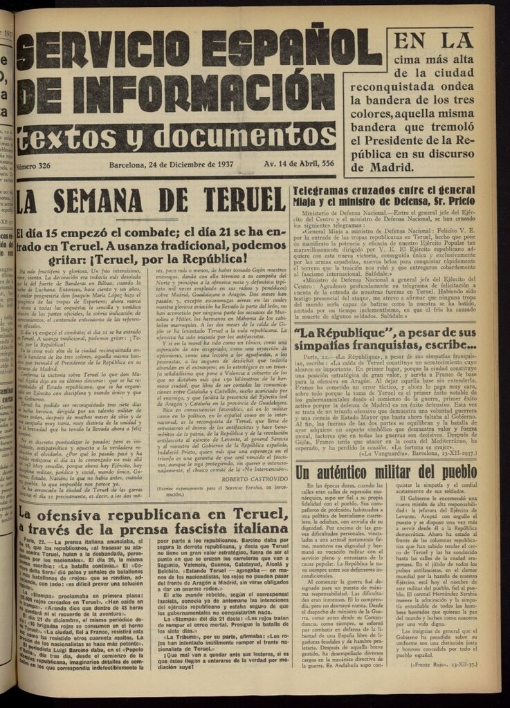 Miniatura de Servicio Español de Información : textos y documentos del 24 de diciembre de 1937, nº 326