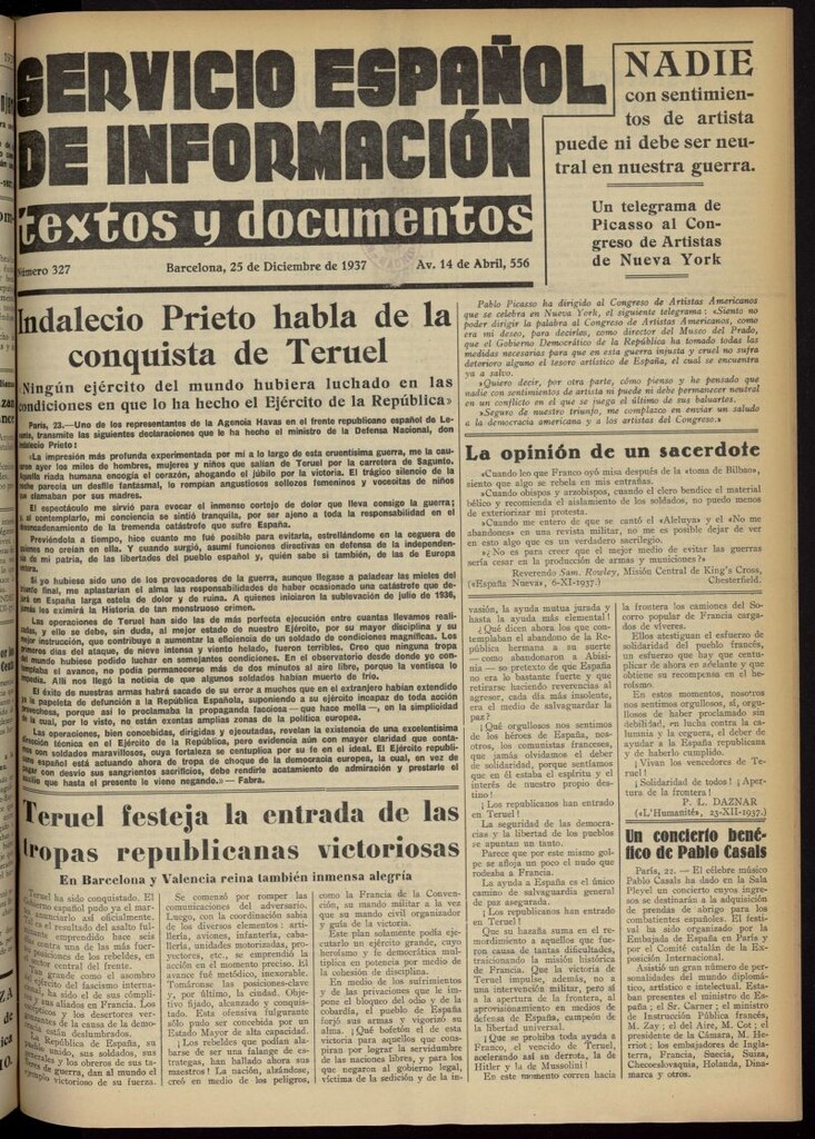 Miniatura de Servicio Español de Información : textos y documentos del 25 de diciembre de 1937, nº 327