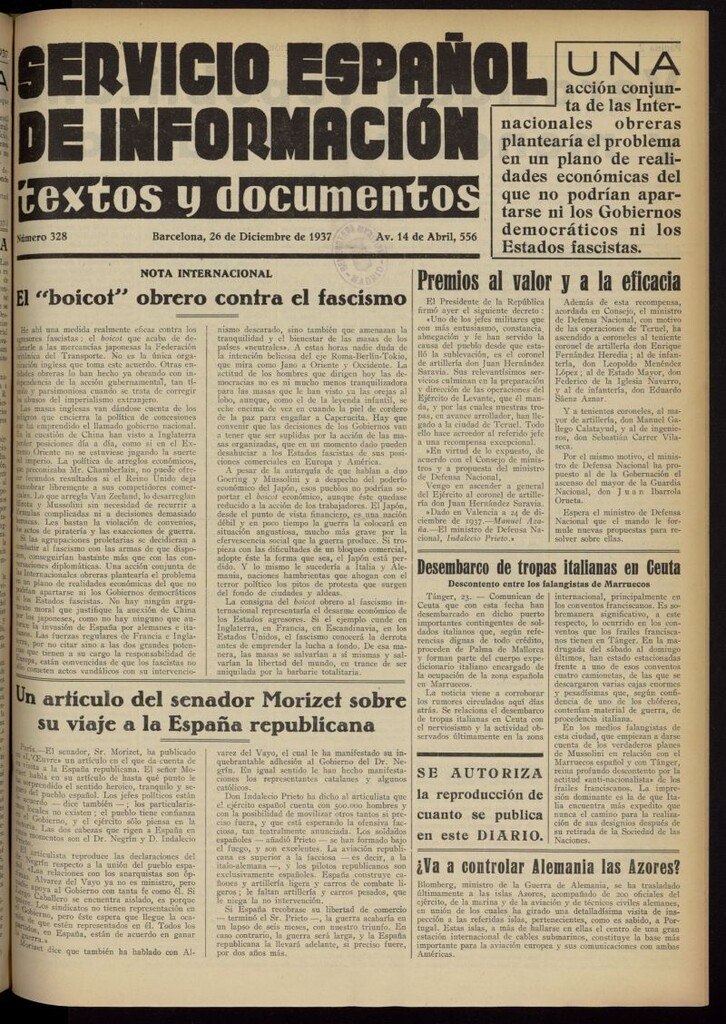 Miniatura de Servicio Español de Información : textos y documentos del 26 de diciembre de 1937, nº 328