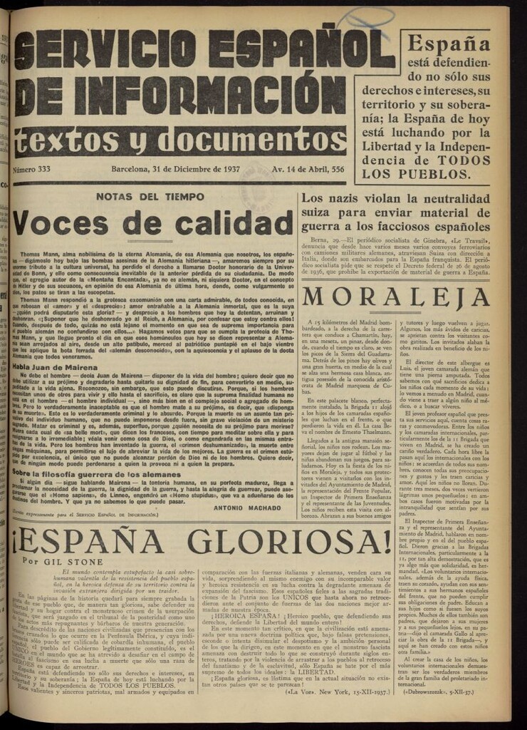 Miniatura de Servicio Español de Información : textos y documentos del 31 de diciembre de 1937, nº 333