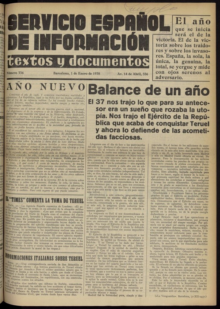 Miniatura de Servicio Español de Información : textos y documentos del 1 de enero de 1938, nº 334