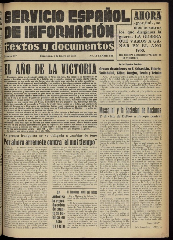Miniatura de Servicio Español de Información : textos y documentos del 4 de enero de 1938, nº 337