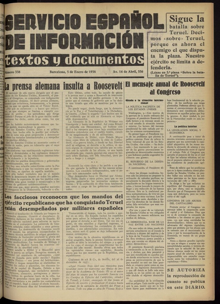 Miniatura de Servicio Español de Información : textos y documentos del 5 de enero de 1938, nº 338