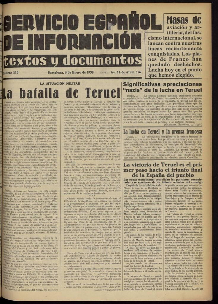 Miniatura de Servicio Español de Información : textos y documentos del 6 de enero de 1938, nº 339