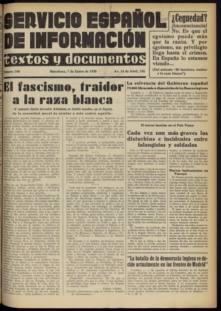 Miniatura de Servicio Español de Información : textos y documentos del 7 de enero de 1938, nº 340