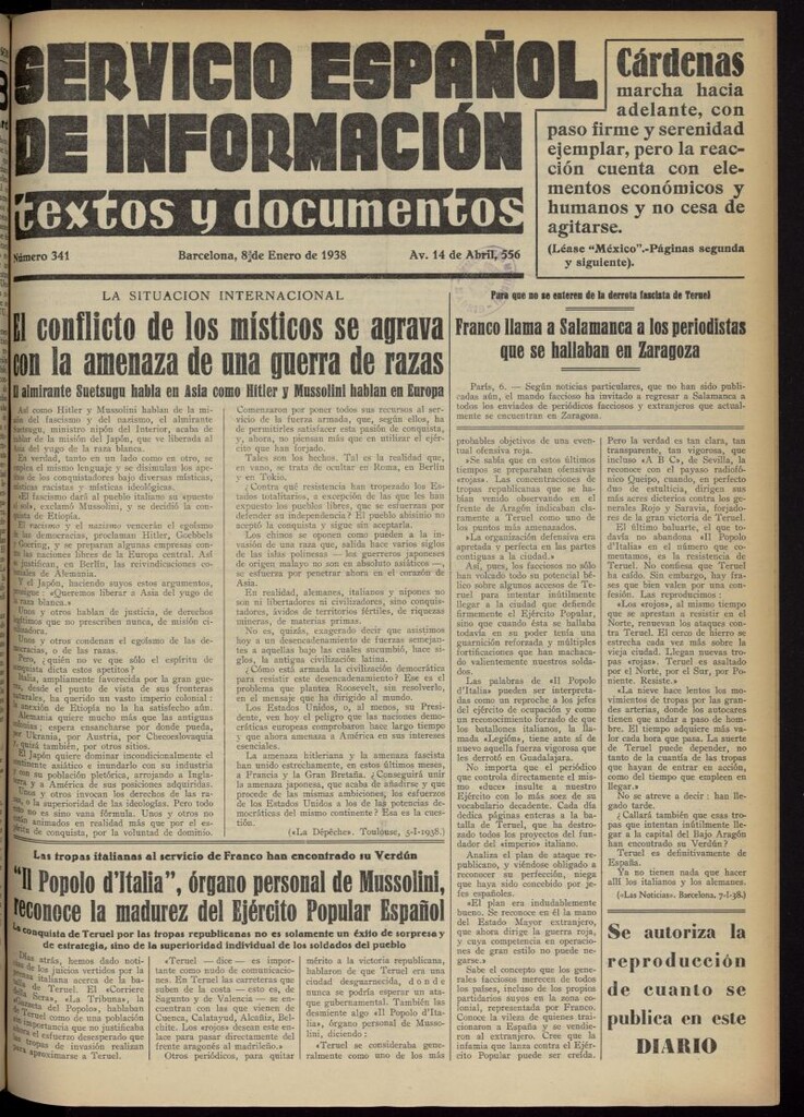 Miniatura de Servicio Español de Información : textos y documentos del 8 de enero de 1938, nº 341