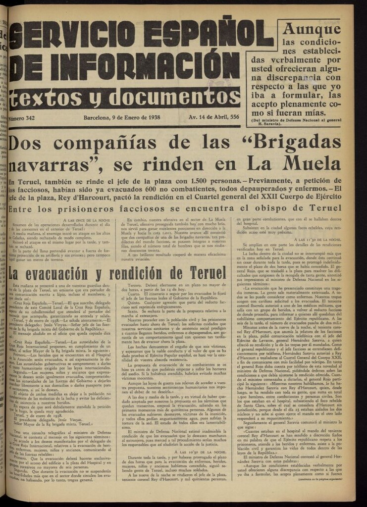 Miniatura de Servicio Español de Información : textos y documentos del 9 de enero de 1938, nº 342