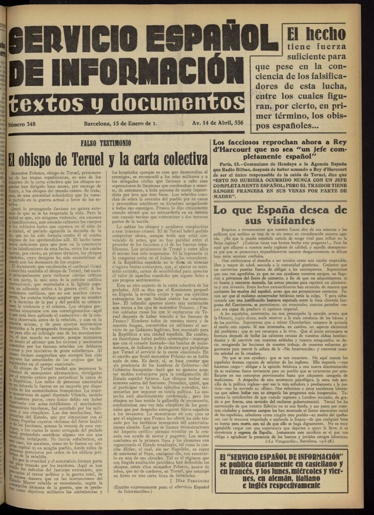 Miniatura de Servicio Español de Información : textos y documentos del 15 de enero de 1938, nº 348
