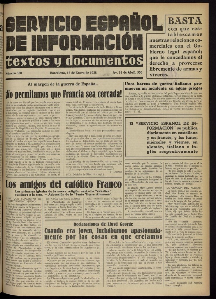 Miniatura de Servicio Español de Información : textos y documentos del 17 de enero de 1938, nº 350