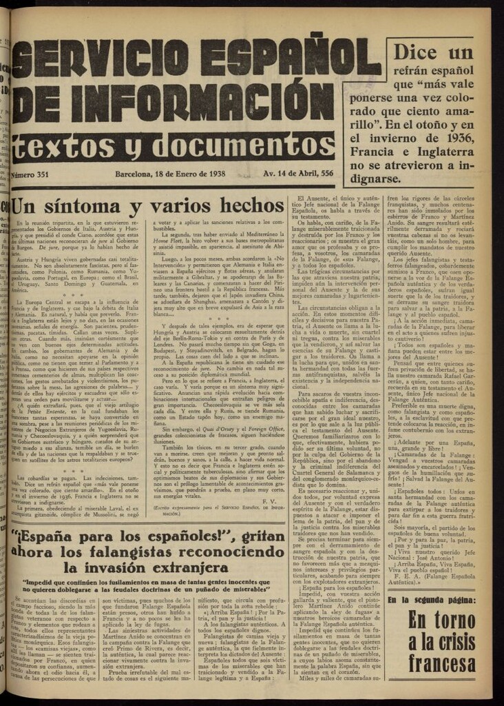 Miniatura de Servicio Español de Información : textos y documentos del 18 de enero de 1938, nº 351