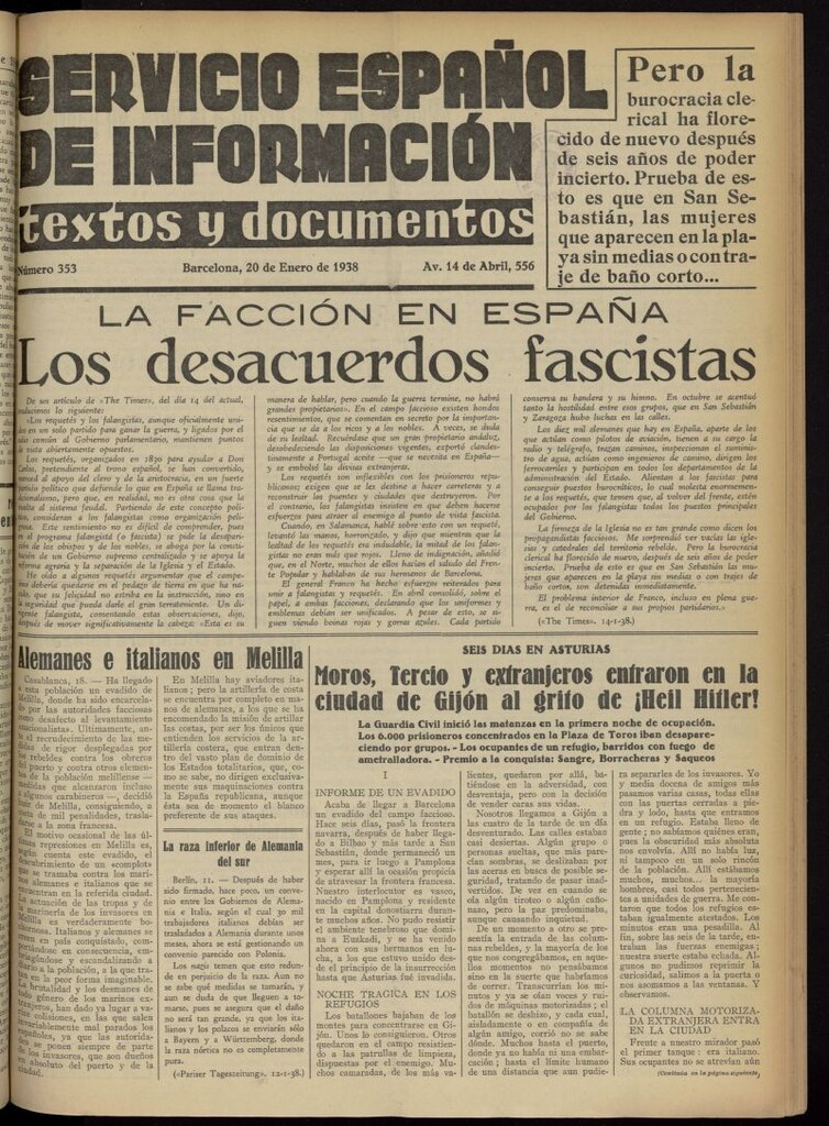 Miniatura de Servicio Español de Información : textos y documentos del 20 de enero de 1938, nº 353
